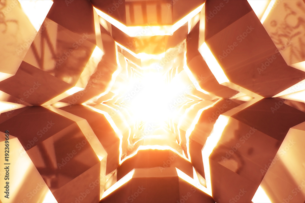 Poster abstract technology round tunnel. gold metal or crystal concstruciton sharp corners with reflections