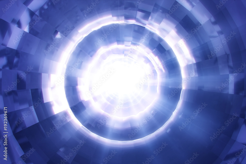 Poster abstract technology round tunnel. blue metal or crystal concstruciton sharp corners with reflections