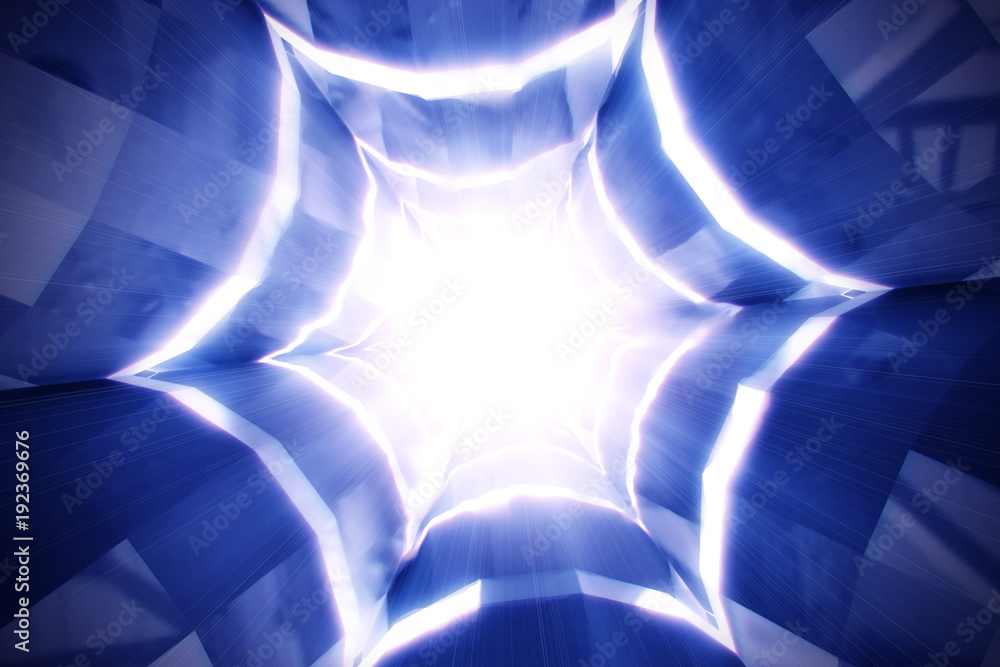 Poster abstract technology square tunnel. blue metal or crystal concstruciton sharp corners with reflection