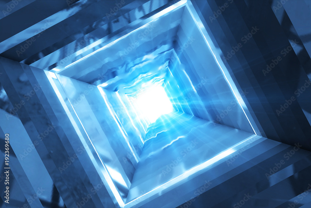 Poster abstract technology square tunnel. blue metal or crystal concstruciton sharp corners with reflection