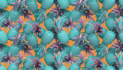 Naklejka na ściany i meble 3d rendering of bright tiki style seamless pattern with pineapples. Summer fun background. Trendy poster with vivid colors, pastel blue.