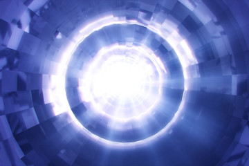 Abstract technology round tunnel. Blue metal or crystal concstruciton sharp corners with reflections the camera rotates and moves forward towards the White light. 3d rendering illustration