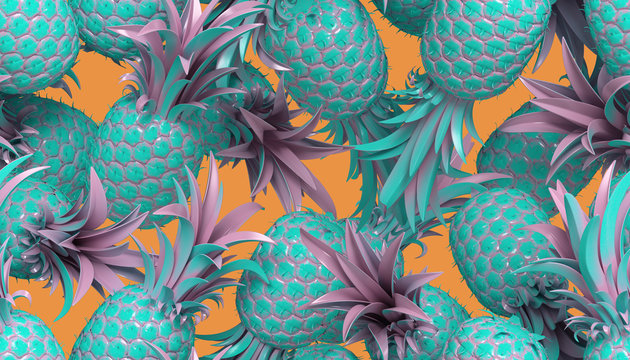 3d rendering of bright tiki style seamless pattern with pineapples. Summer fun background. Trendy poster with vivid colors, pastel blue.