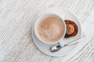 morning coffee, on white wooden table
