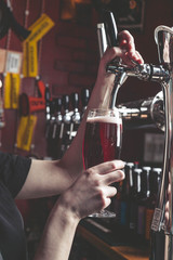 The barman pours beer in a glass in bar