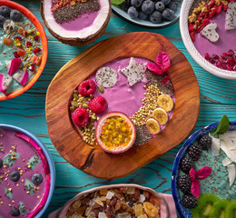 Acai bowl smoothie and Spirulina algae with berries