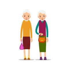 Two old woman. Two senior, elder women with women's handbags, cartoon illustration isolated on white background in flat style. Full length portrait of old ladies, senior or grandmother