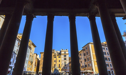 Fototapeta na wymiar Pantheon Columns Della Porta Fountain Piazza Rotunda Rome Italy