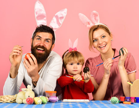 Family members wearing cute bunny ears. Easter celebration concept