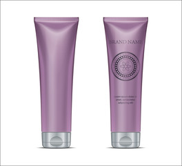Luxury cosmetic design advertising template. Purple tube set, silver cup and modern circle graphic. 3D Realistic skin care cream bottle for magazine or poster. Isolated.