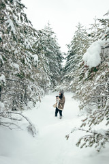Fototapeta na wymiar A beautiful girl walks through the snowy winter coniferous forest.