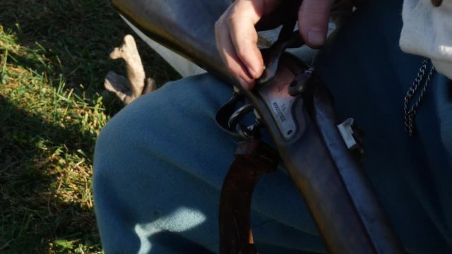 Civil War Musket Rifle Gun Being Cleaned After Firing Close Up