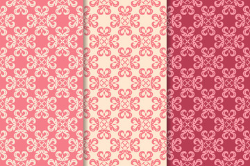 Cherry red floral ornamental designs. Vertical seamless patterns