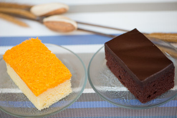 Piece of Chocolate and golden threads cake