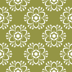 White floral seamless design on olive green background