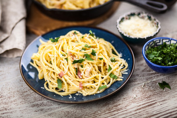 Spaghetti carbonara with egg and pancetta