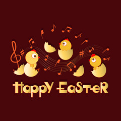 HAPPY EASTER. Musical congratulations. Postcard, poster. Composition on a dark red background. Decorative horizontal inscription with a red outline.