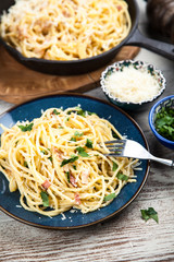 Spaghetti carbonara with egg and pancetta