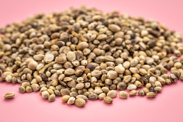 hemp seed pile on pink background