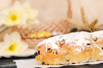 Sweet Easter bread with marzipan, candied fruits, nuts, dried fruits.