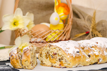 Sweet Easter cake with marzipan, candied fruits, nuts, dried fruits.