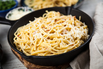 Spaghetti carbonara with egg and pancetta