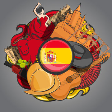 spanish symbols on an abstract background with a flag, vector illustration