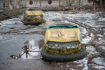 Abandoned amusement park autodrome in Chernobyl exclusion zone, Pripyat, Ukraine