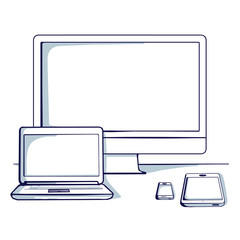 Set of different computer and mobile device: desktop, tablet, laptop, mobile phone.