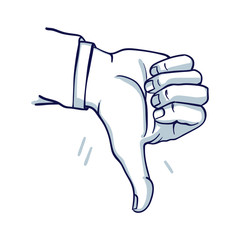 A man's hand shows a thumbs down. Failure, do not like. Hand drawn doodle cartoon vector illustration..