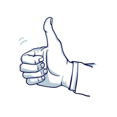 A man's hand shows a thumbs-up. Well done. Success. Hand drawn doodle cartoon vector illustration..