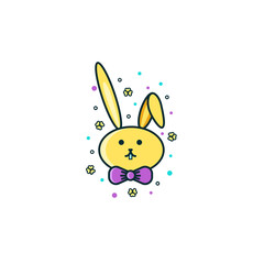 Cute bunny, rabbit or hare face - flat color line icon on isolated background. Easter animal symbol, sign, emoji, emoticon, character design.