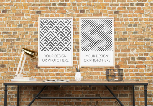 2 Vertical Framed Posters in an Office Mockup 1