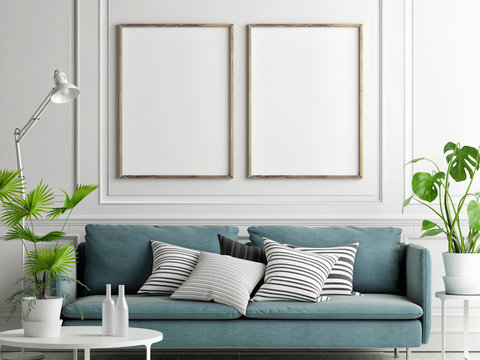 Mock Up Posters, Pastel Comfortable Sofa, Living Room Style, 3d Render, 3d Illustration