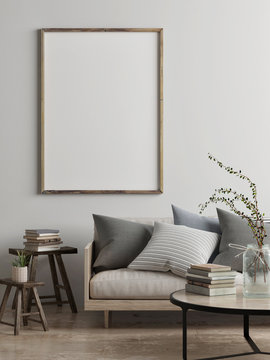 Mock up poster, Scandinavian living room concept design, 3d render, 3d illustration