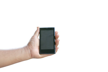 Smart phone in hand isolated on white background.