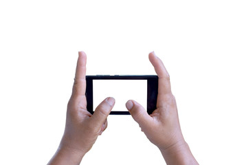 Smart phone in hand isolated on white background.