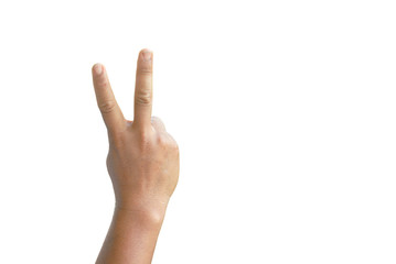 Victory sign hand isolated on white background.