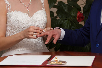hands of Bridal couple with wedding rings