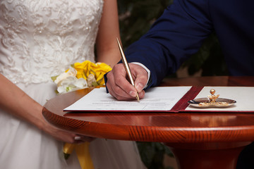hands of Bridal couple with wedding rings