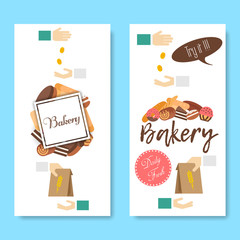 Bakery background vector flat. Bread and pastries banner set