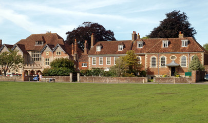 View of Cathedral Close adjacent to Salisbury Cathedral in Wiltshire, England