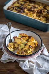 Prepred and served traditional Greek moussaka in the plate,selective focus