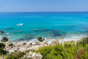 Panoramic view of Agios Nikitas Beach with blue waters, Lefkada, Ionian Islands, Greece