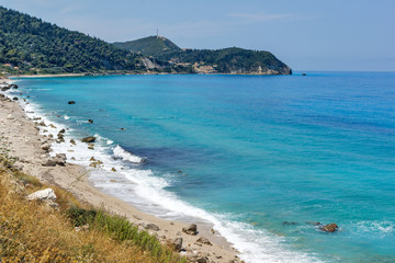 Panoramic view of Agios Nikitas Beach with blue waters, Lefkada, Ionian Islands, Greece