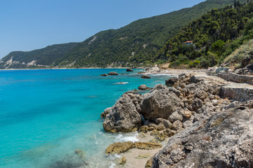Panoramic view of Agios Nikitas Beach with blue waters, Lefkada, Ionian Islands, Greece