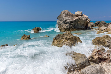 Amazing landscape of blue waters of Megali Petra Beach, Lefkada, Ionian Islands, Greece