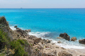 Amazing landscape of blue waters of Megali Petra Beach, Lefkada, Ionian Islands, Greece