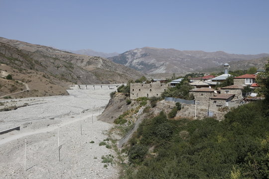 View of Lahic village at the foot of Caucasus mountains in Azerbaijan