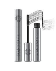 A mascara tube and a wand applicator. Cosmetic silver bottle with eyelash brush. Isolated on white background. Grunge swatch, black wavy brush stroke hand drawn.